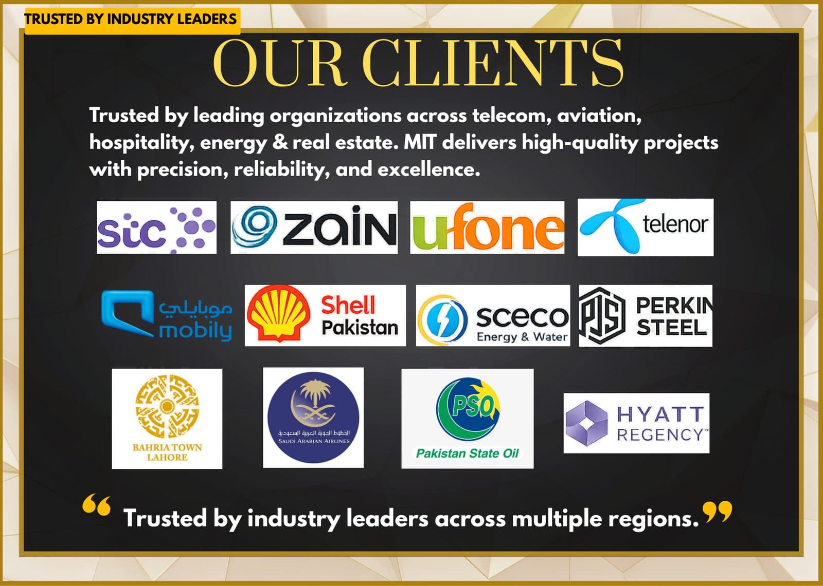 Company profile design for MIT Design & Construction by Softologics — trusted by industry leaders slide