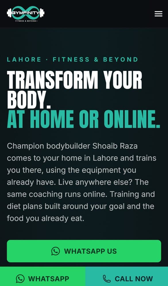 Gymfinity homepage on mobile