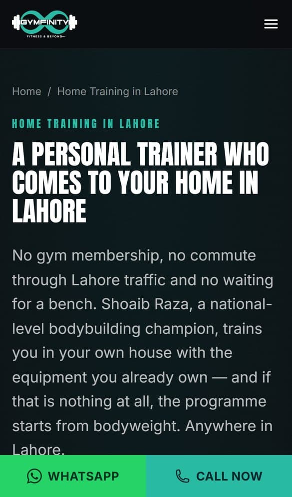 Gymfinity home personal training in Lahore page on mobile
