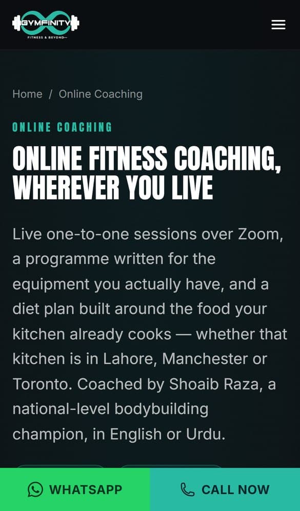 Gymfinity online coaching page on mobile