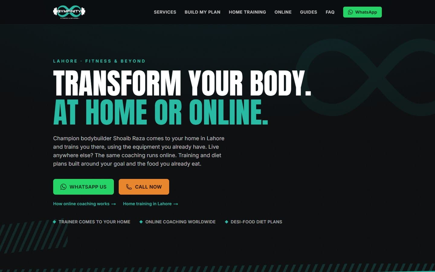 Gymfinity homepage hero — Transform your body, at home or online