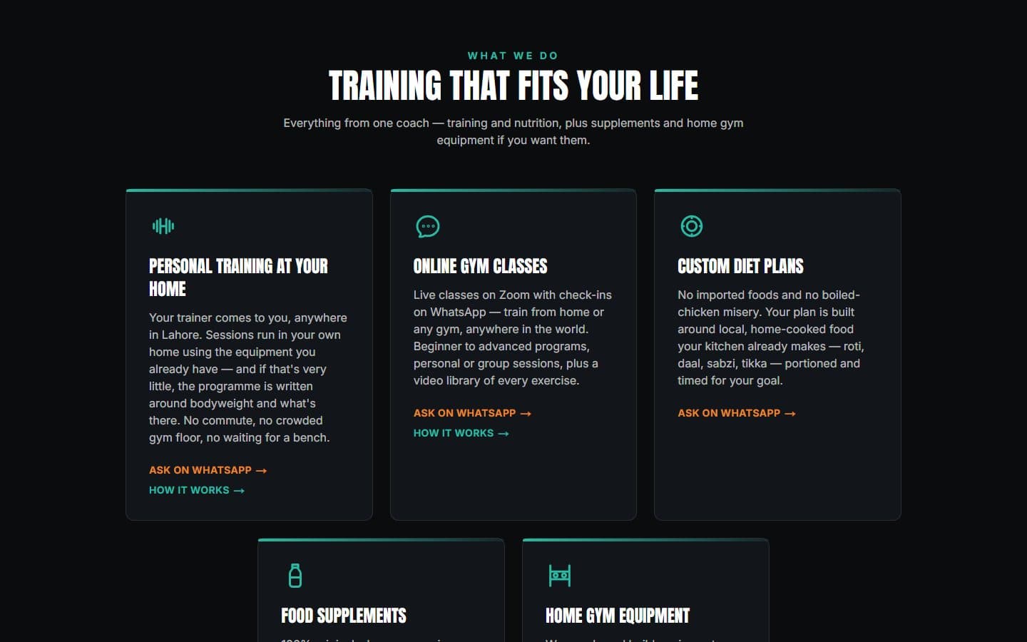 Gymfinity services section: personal training at home, online gym classes, custom diet plans